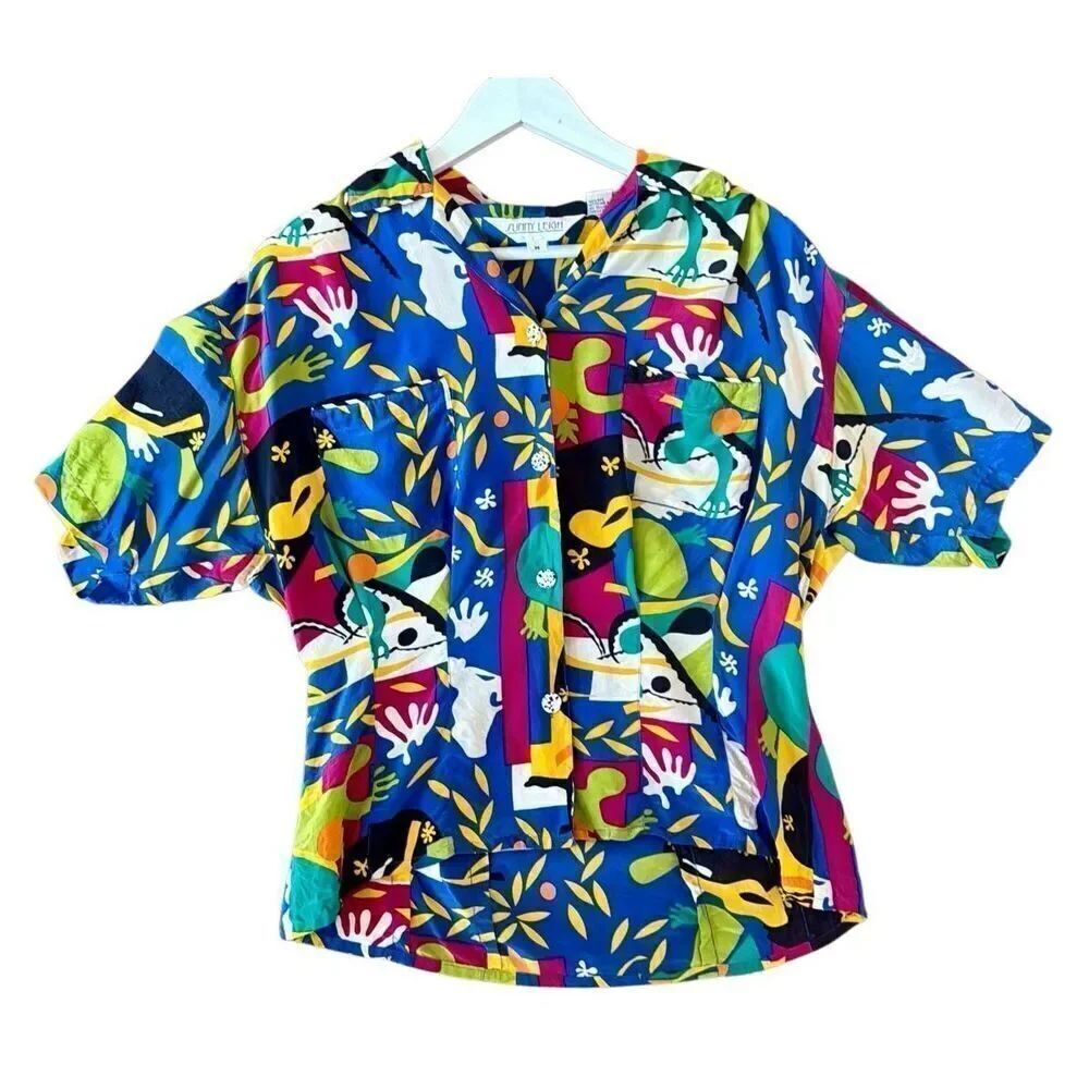 Sunny Leigh 100% silk vintage vibrant floral collared blouse medium